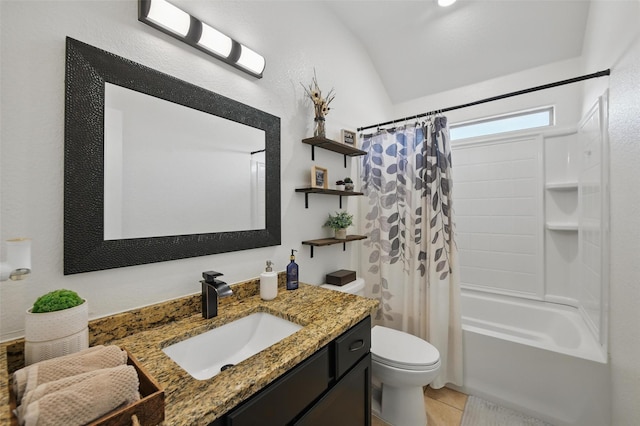 8048 Crimea Ln, Fort Worth, TX 76123 - bathroom with vanity, lofted ceiling, toilet, shower / bath combo with shower curtain, and tile patterned flooring