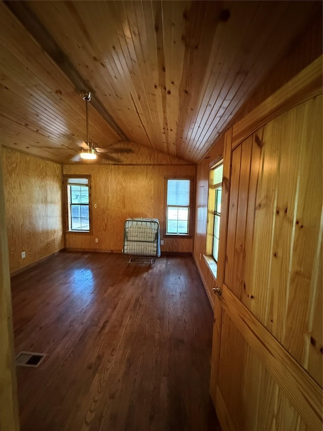 5782 County Road 4066, Kemp, TX 75143 - empty room featuring wooden ceiling, dark wood-type flooring, lofted ceiling, ceiling fan, and wood walls