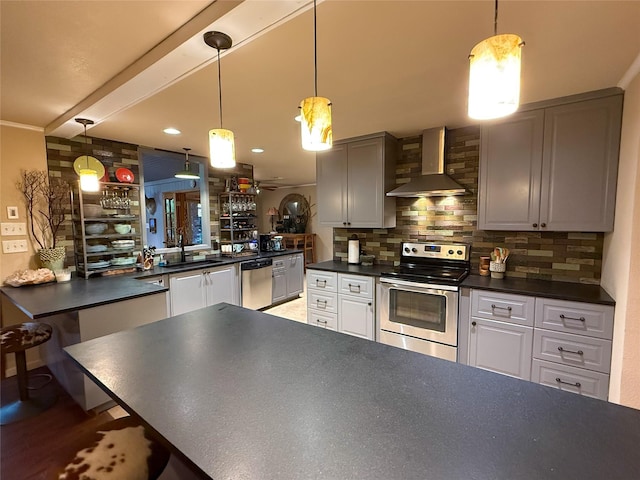 3833 Wilkie Way, Fort Worth, TX 76133 - kitchen with wall chimney range hood, appliances with stainless steel finishes, dark countertops, decorative backsplash, and a sink
