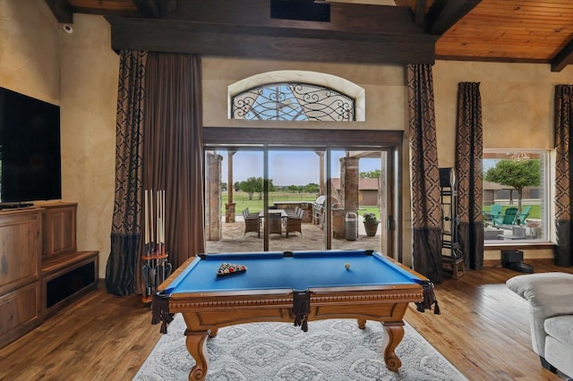 5900 Florance Rd, Northlake, TX 76247 - recreation room featuring wood finished floors, pool table, plenty of natural light, and wood ceiling