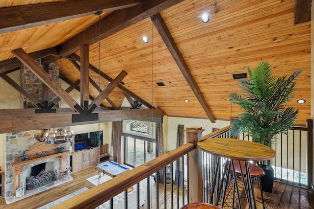 5900 Florance Rd, Northlake, TX 76247 - hallway with wood ceiling, an upstairs landing, and wood finished floors