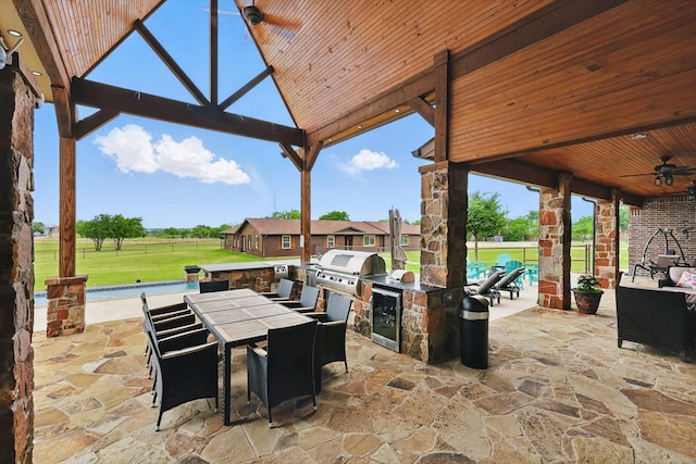 5900 Florance Rd, Northlake, TX 76247 - view of patio / terrace with a gazebo, ceiling fan, outdoor dining space, and beverage cooler