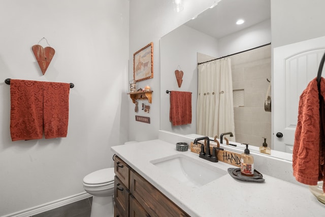 355 Sunset Cv, Bluff Dale, TX 76433 - bathroom featuring toilet, vanity, curtained shower, and tile patterned flooring