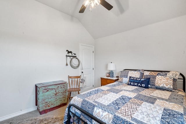 355 Sunset Cv, Bluff Dale, TX 76433 - bedroom featuring carpet floors, vaulted ceiling, ceiling fan, and baseboards
