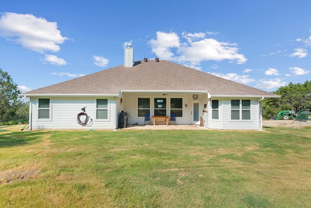 355 Sunset Cv, Bluff Dale, TX 76433 - rear view of property featuring a patio area, a chimney, a yard, and roof with shingles