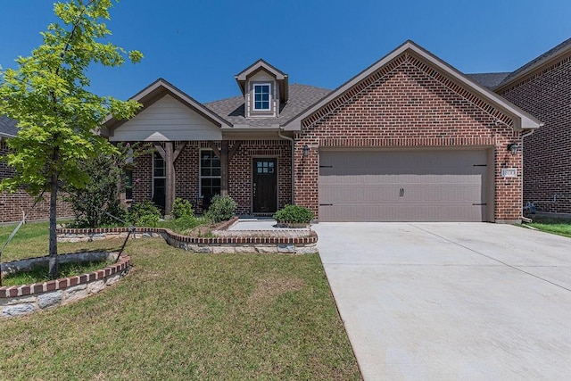1800 Star Fleet Dr, Haslet, TX 76052 - view of front of house featuring brick siding, a garage, concrete driveway, a front lawn, and roof with shingles