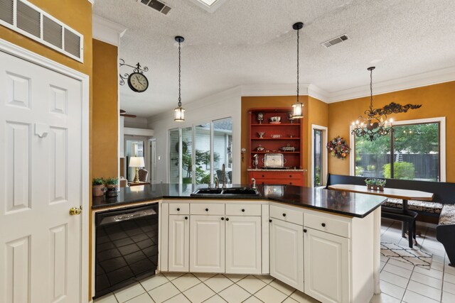 4055 Seabury Dr, Dallas, TX 75287 - kitchen featuring dishwasher, a sink, light tile patterned floors, dark countertops, and crown molding