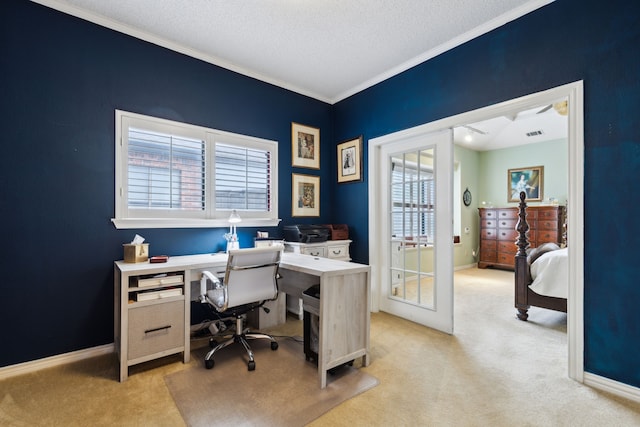 4055 Seabury Dr, Dallas, TX 75287 - office area featuring light carpet, ornamental molding, a textured ceiling, and baseboards