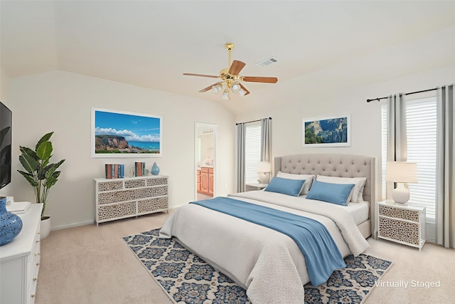 5508 Periwinkle Ln, Mckinney, TX 75070 - bedroom with lofted ceiling, light colored carpet, baseboards, a ceiling fan, and connected bathroom