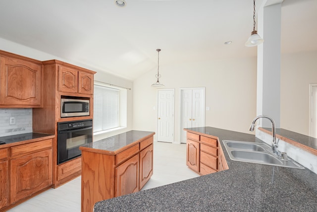 5508 Periwinkle Ln, Mckinney, TX 75070 - kitchen with oven, a sink, dark countertops, lofted ceiling, and recessed lighting