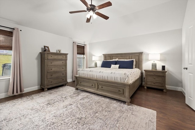 309 Bluffside Trl, Benbrook, TX 76126 - bedroom with dark wood-style floors, baseboards, vaulted ceiling, and ceiling fan