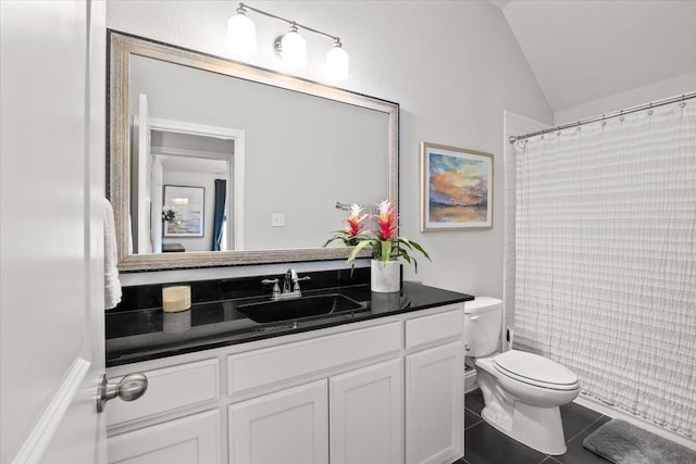 309 Bluffside Trl, Benbrook, TX 76126 - full bathroom featuring vanity, toilet, vaulted ceiling, tile patterned floors, and a shower with curtain