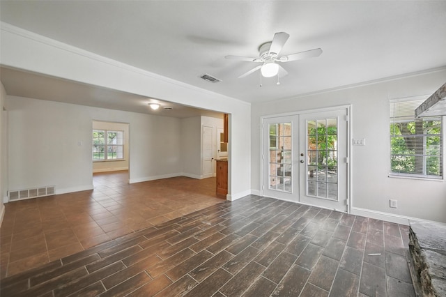 5833 Westhaven Dr, Fort Worth, TX 76132 - unfurnished living room featuring french doors, a ceiling fan, baseboards, and dark wood finished floors