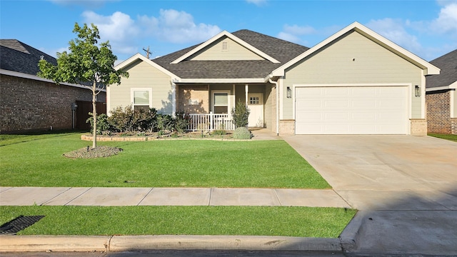 7349 Wildflower Way, Abilene, TX 79602 - ranch-style house with covered porch, driveway, a front yard, a garage, and brick siding