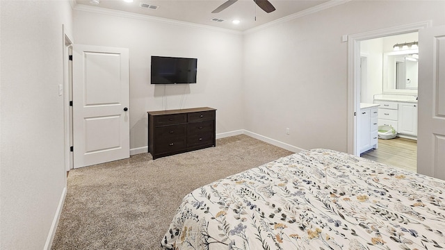 7349 Wildflower Way, Abilene, TX 79602 - bedroom with crown molding, light colored carpet, baseboards, ensuite bathroom, and recessed lighting