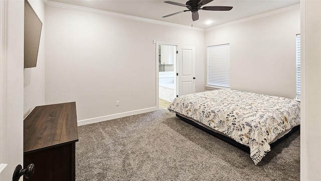 7349 Wildflower Way, Abilene, TX 79602 - bedroom with ornamental molding, carpet flooring, baseboards, connected bathroom, and ceiling fan