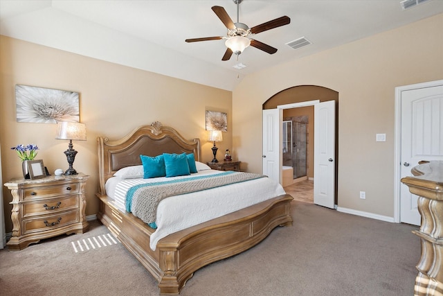 200 Baldwin Dr, Fate, TX 75189 - bedroom featuring carpet flooring, baseboards, ensuite bathroom, ceiling fan, and vaulted ceiling