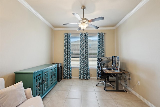 200 Baldwin Dr, Fate, TX 75189 - tiled office featuring crown molding, baseboards, and a ceiling fan