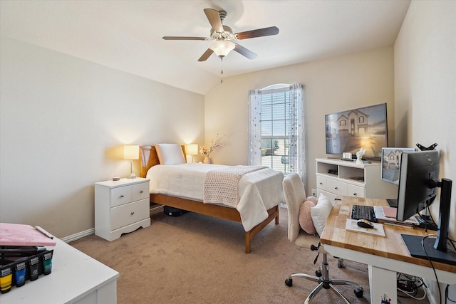 200 Baldwin Dr, Fate, TX 75189 - bedroom with an office area, light carpet, baseboards, a ceiling fan, and lofted ceiling