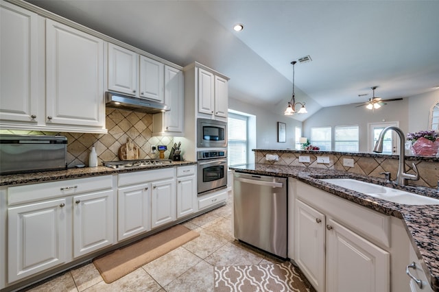 3526 Washington Dr, Frisco, TX 75034 - kitchen with stainless steel appliances, a sink, under cabinet range hood, lofted ceiling, and white cabinets