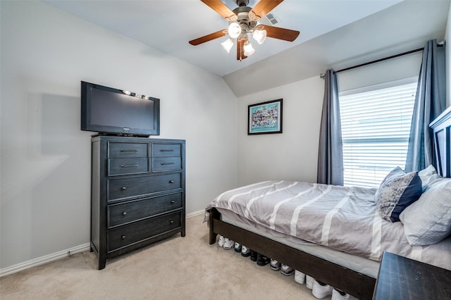 3526 Washington Dr, Frisco, TX 75034 - bedroom with light colored carpet, baseboards, lofted ceiling, and ceiling fan