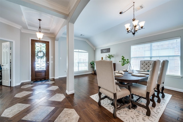 3526 Washington Dr, Frisco, TX 75034 - dining room featuring arched walkways, a chandelier, baseboards, dark wood-style flooring, and ornamental molding