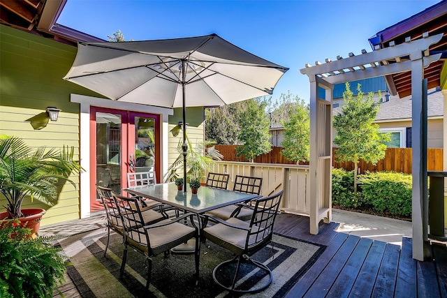 2913 Willing Ave, Fort Worth, TX 76110 - wooden terrace featuring a pergola, french doors, and outdoor dining space