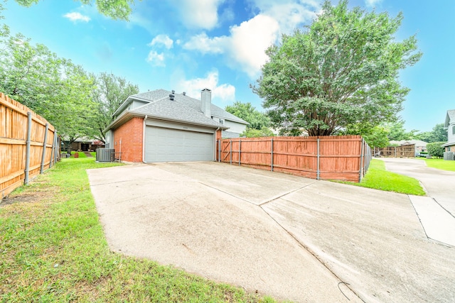 4404 Bentley Dr, Plano, TX 75093 - view of side of property with central air condition unit, brick siding, concrete driveway, roof with shingles, and a chimney