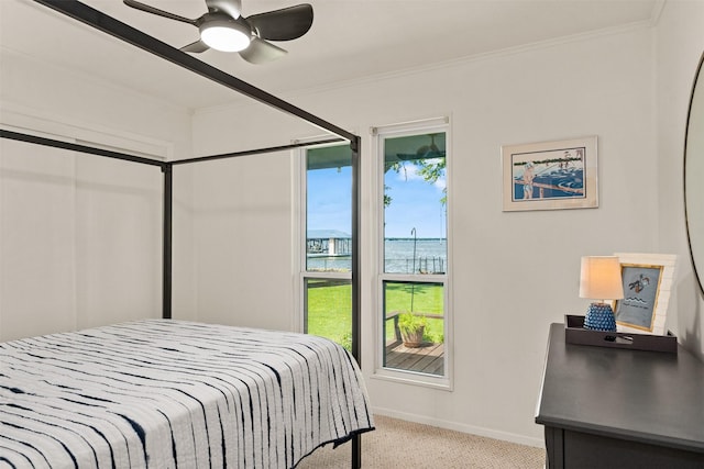 104 Kingsway, Tool, TX 75143 - bedroom with light colored carpet, a water view, baseboards, ornamental molding, and ceiling fan