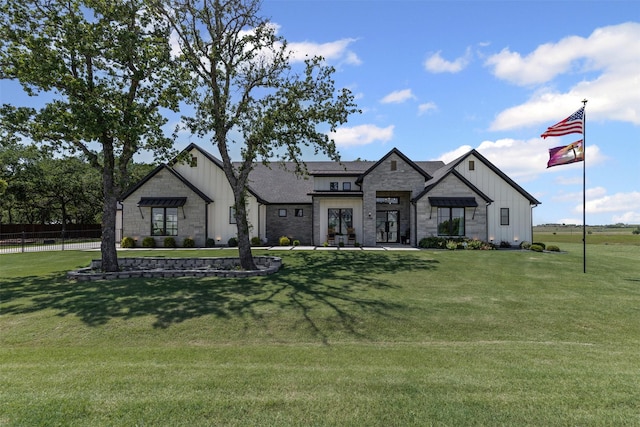7799 Barber Ranch Rd, Fort Worth, TX 76126 - modern farmhouse style home with board and batten siding, french doors, and stone siding