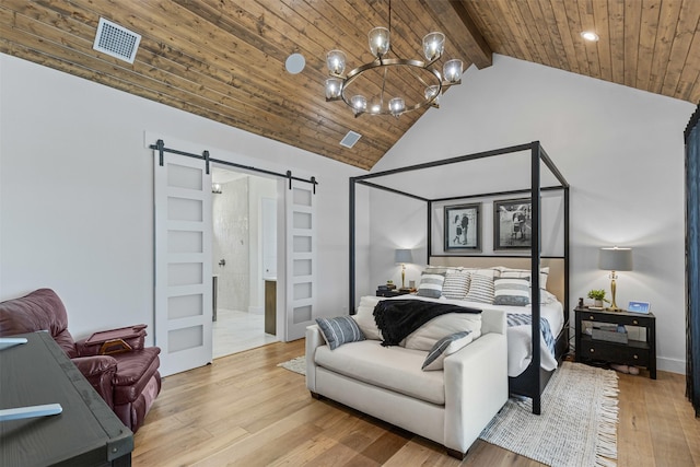 7799 Barber Ranch Rd, Fort Worth, TX 76126 - bedroom with a barn door, a chandelier, hardwood / wood-style floors, wood ceiling with exposed beams, and high vaulted ceiling