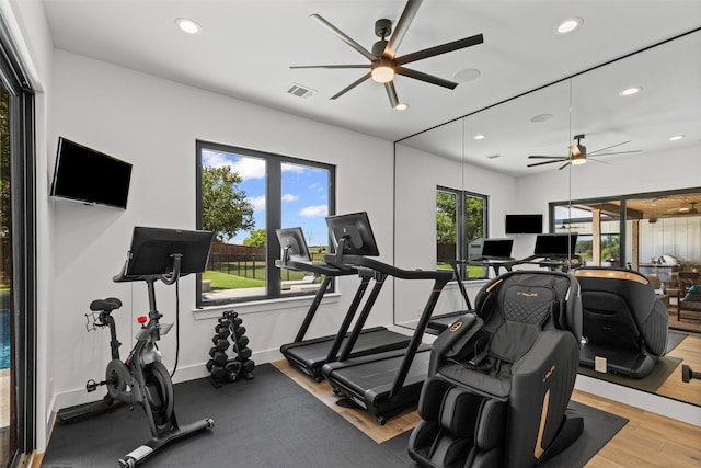 7799 Barber Ranch Rd, Fort Worth, TX 76126 - gym with ceiling fan, recessed lighting, wood finished floors, and baseboards