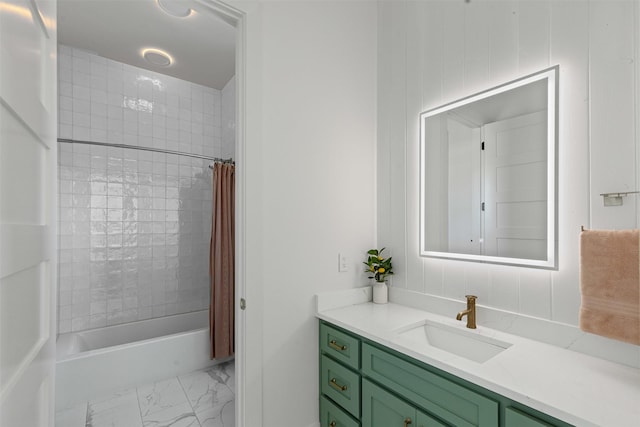 7799 Barber Ranch Rd, Fort Worth, TX 76126 - bathroom featuring vanity, marble look tile flooring, and shower / bath combo