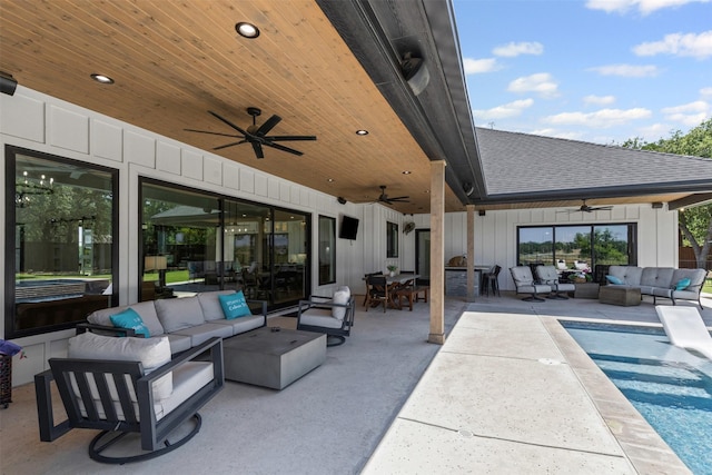 7799 Barber Ranch Rd, Fort Worth, TX 76126 - view of patio / terrace featuring an outdoor living space, a ceiling fan, and outdoor dining area