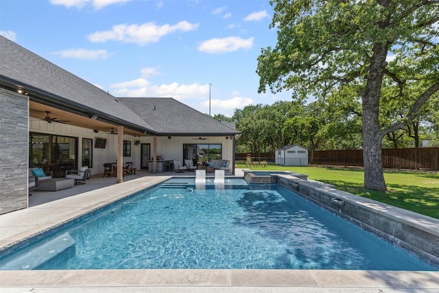 7799 Barber Ranch Rd, Fort Worth, TX 76126 - view of swimming pool with ceiling fan, an outdoor living space, a patio area, and a pool with connected hot tub