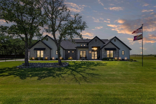 7799 Barber Ranch Rd, Fort Worth, TX 76126 - modern farmhouse featuring board and batten siding, stone siding, and french doors