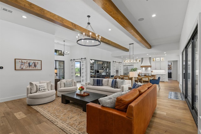 7799 Barber Ranch Rd, Fort Worth, TX 76126 - living area featuring a chandelier, a barn door, light wood finished floors, beam ceiling, and recessed lighting