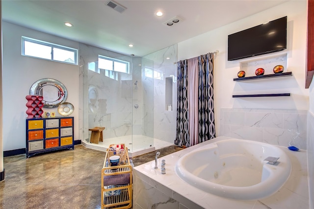 18133 Grandview Dr, Forney, TX 75126 - bathroom with a jetted tub, a marble finish shower, recessed lighting, and concrete flooring