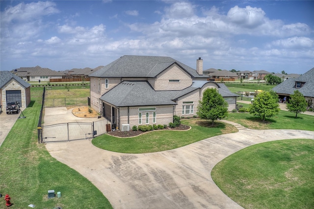 18133 Grandview Dr, Forney, TX 75126 - french country inspired facade featuring a gate, curved driveway, roof with shingles, a residential view, and brick siding