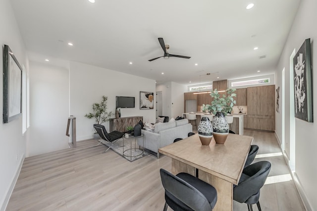 5320 Reiger Ave Unit 101, Dallas, TX 75214 - dining room featuring a ceiling fan, light wood finished floors, recessed lighting, and baseboards