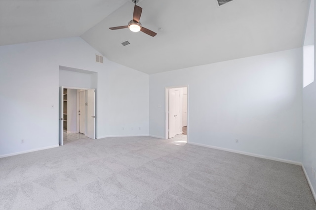 8907 Club Creek Cir, Dallas, TX 75238 - spare room featuring a ceiling fan, light carpet, and high vaulted ceiling