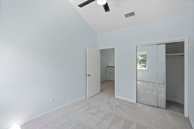 8907 Club Creek Cir, Dallas, TX 75238 - unfurnished bedroom featuring carpet flooring, a closet, ceiling fan, and high vaulted ceiling