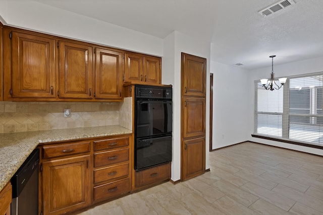 1614 Shadow Moss Way, Carrollton, TX 75007 - kitchen with dishwasher, a chandelier, brown cabinetry, tasteful backsplash, and light stone countertops