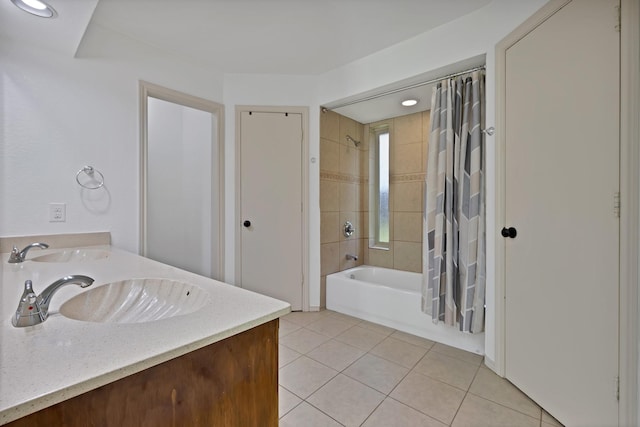 1614 Shadow Moss Way, Carrollton, TX 75007 - bathroom with tile patterned floors, shower / bath combo with shower curtain, double vanity, and recessed lighting