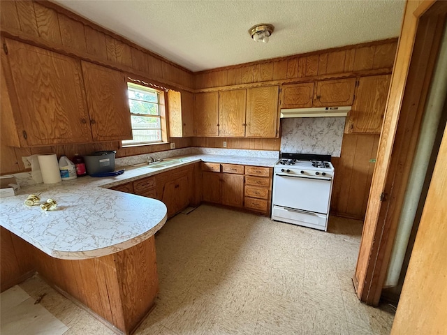 430 Cranford St, Sulphur Springs, TX 75482 - kitchen with white gas range oven, under cabinet range hood, brown cabinetry, a peninsula, and light countertops