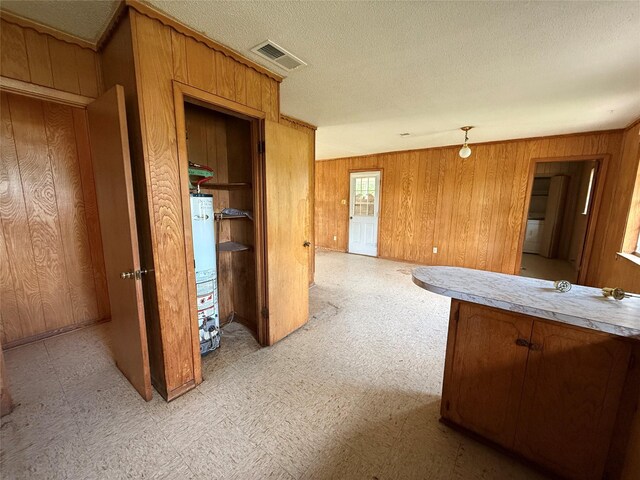 430 Cranford St, Sulphur Springs, TX 75482 - hallway featuring wood walls, gas water heater, light floors, a textured ceiling, and washer / clothes dryer