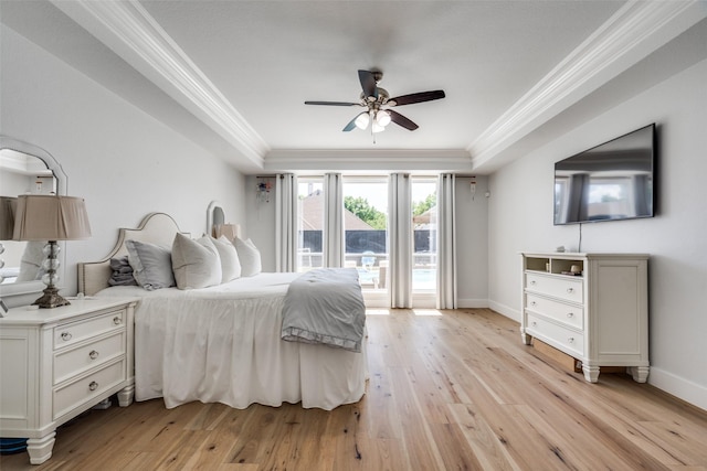 3916 Boulton Ct, Plano, TX 75025 - bedroom with ornamental molding, light wood-type flooring, access to exterior, baseboards, and ceiling fan