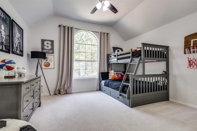 3916 Boulton Ct, Plano, TX 75025 - carpeted bedroom featuring lofted ceiling, baseboards, and a ceiling fan