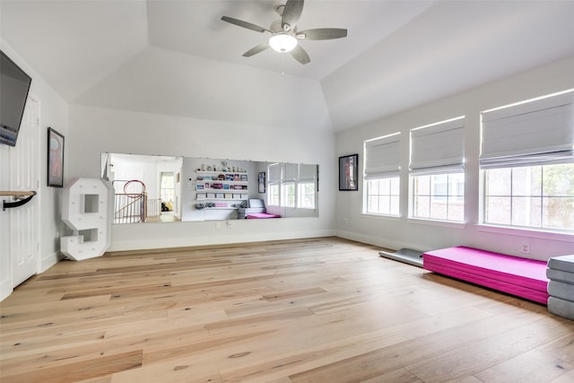 3916 Boulton Ct, Plano, TX 75025 - interior space with wood finished floors, ceiling fan, high vaulted ceiling, and baseboards