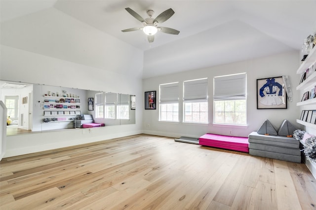 3916 Boulton Ct, Plano, TX 75025 - living area with wood finished floors, ceiling fan, and high vaulted ceiling